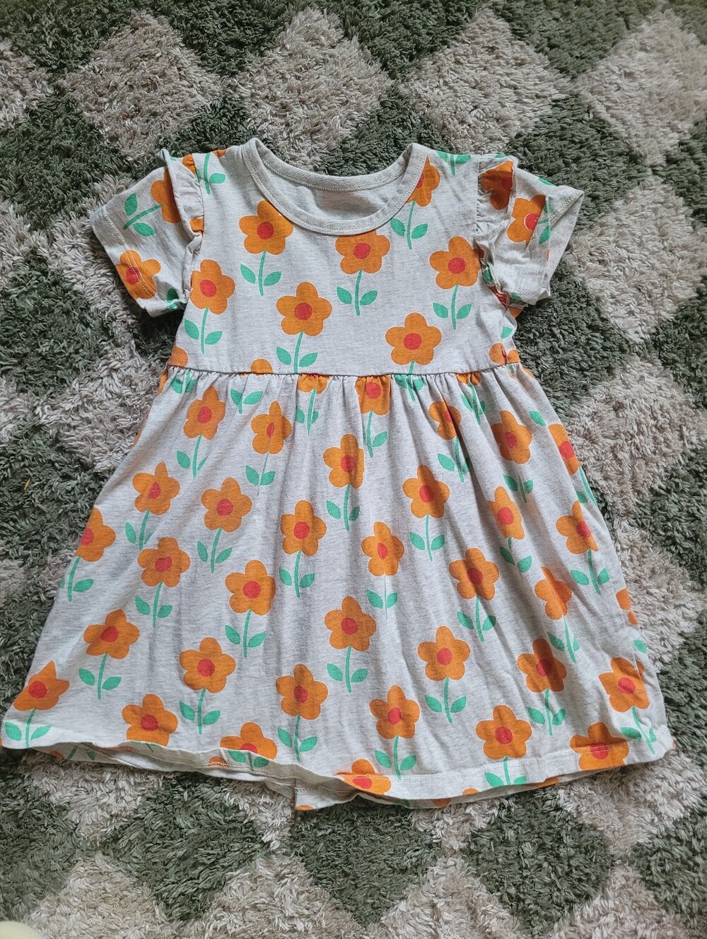 Girls' Orange Floral Short Sleeve Cotton Dress